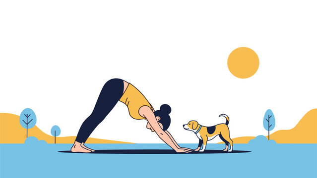 Young woman practicing downward facing dog yoga pose outdoors in a park with her cute pet beagle dog in a flat vector illustration.