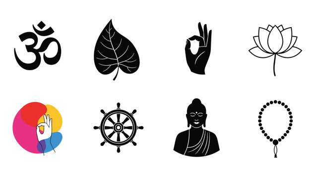 Set of spiritual symbols including the Om sign, bodhi leaf, mudra hand, lotus flower, dharma wheel, Buddha silhouette, and prayer beads.