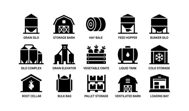Icons of agricultural storage: silos, barns, tanks, and crates