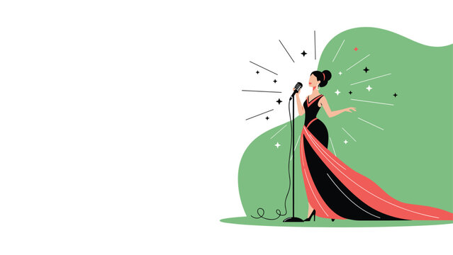 Elegant female singer silhouette performing in a long red and black gown on a stage with a green background and sparkling star details.