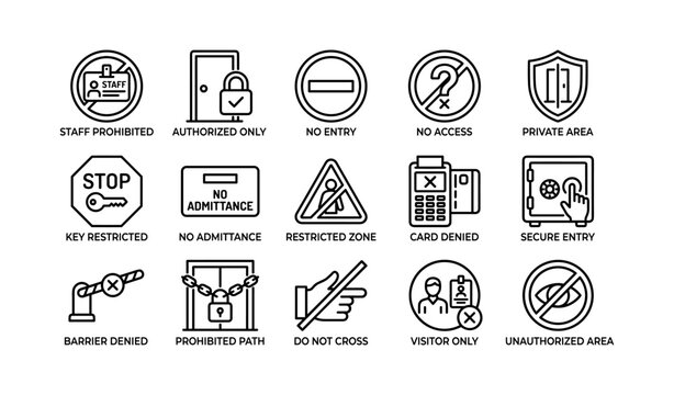 Security and access restriction icons with no entry signs and warnings