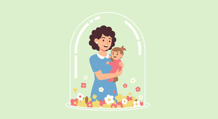 Woman holding a baby under a glass dome with flowers. © pyoo