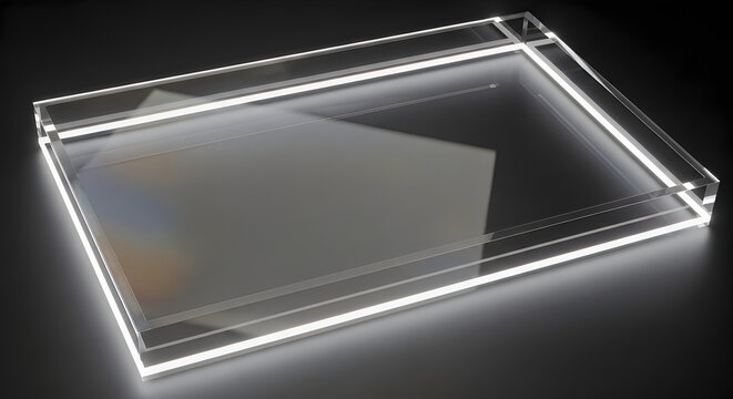 A sleek rectangular clear acrylic serving tray featuring luminous glowing edges set against a deep dark and moody background surface