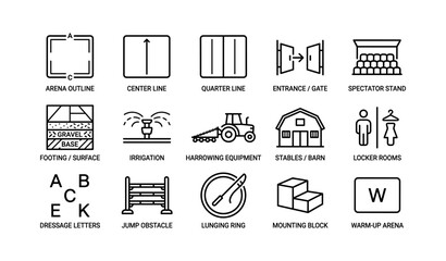 Fototapeta premium Horse arena symbols and equipment icons for equestrian facilities