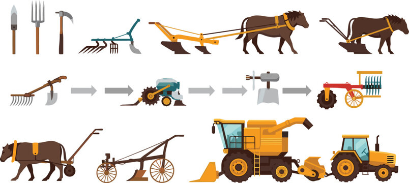 Agriculture Evolution and Farming Equipment Illustration Set with Ancient Tools, Horse Plow, Tractor, Harvester, and Modern Farm Machinery Vector Collection