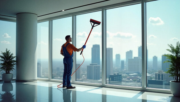 Cleaning service window washing business worker cleaning glass with squeegee in office with city view background