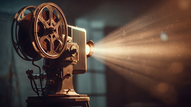 Vintage film projector casting light beam in dark room representing cinema history filmmaking nostalgia classic entertainment storytelling projection technology and retro movie experience