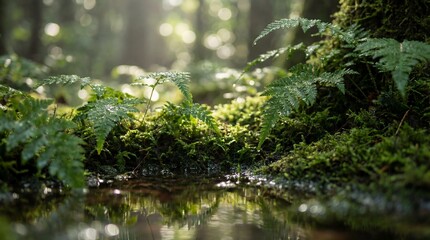 Fototapeta premium Serene Forest Floor With Lush Ferns Moss And Reflections In Still Water Sunlight Filtering Through Trees Creates A Peaceful Natural Ambiance