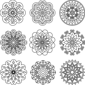 Geometric Mandala in Black and White with Mixed Basic Shapes and Clean Line Art
