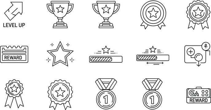 Achievement and Reward Line Icon Set with Trophy, Medal, Badge, Level Up, Progress Bar, and Winner Symbols Vector Illustration Collection