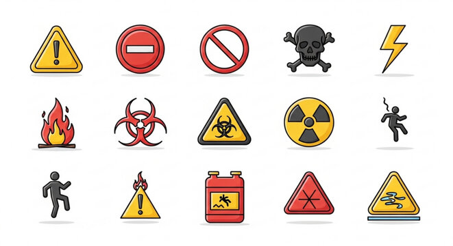 A set of warning signs and symbols for safety and hazard alerts
