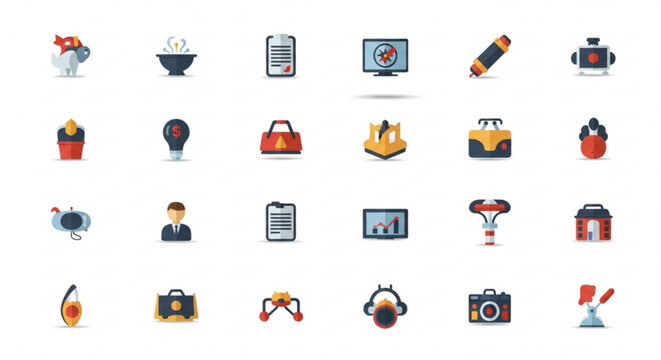A set of colorful flat design icons representing various business and creative concepts