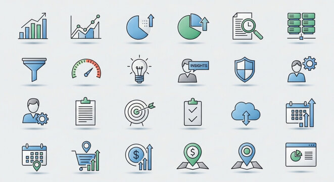 A collection of business and finance icons in a flat design style