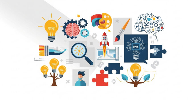 A colorful vector graphic illustrating various creative and innovative concepts