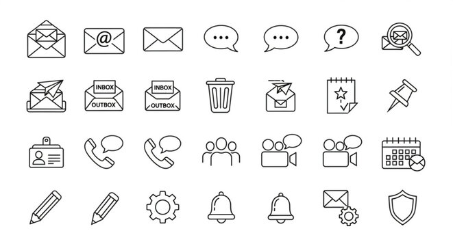 A set of line art icons representing communication and office work