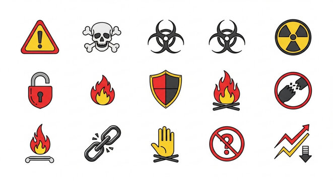A set of warning icons and symbols for safety and caution