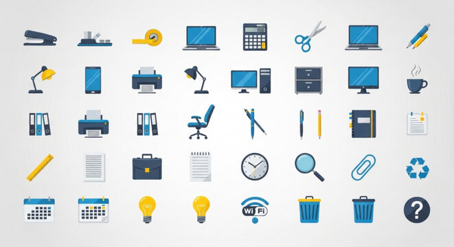 A collection of office supplies and technology icons in a flat design style