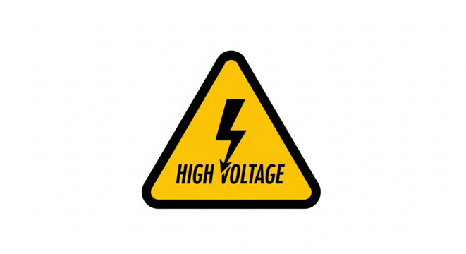 A yellow high voltage warning sign with a black border and lightning bolt