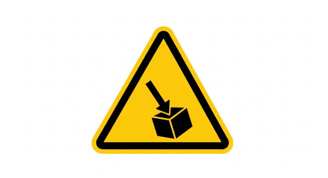A yellow warning sign with a black border and a box icon