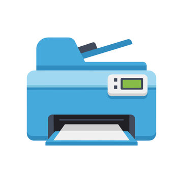 blue printer vector illustration with digital display and paper tray flat design