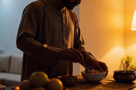 Muslim Man Eating Sahur Meal in Dark Moody Atmosphere During Ramadan
