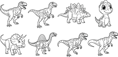 Cartoon Dinosaur Set with Various Cute Dino Characters including T-Rex, Triceratops, Stegosaurus, and Baby Dino for Kids and Educational Designs © MD
