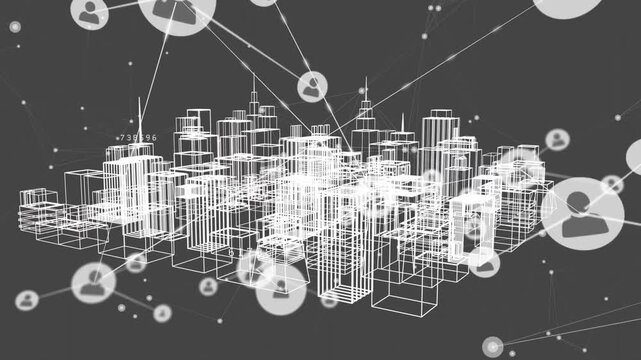 Animation of network of connections over digital city on grey background