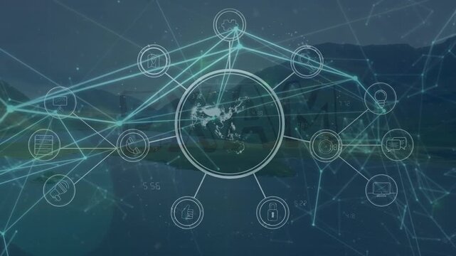 Animation of exam text and network of connections over landscape