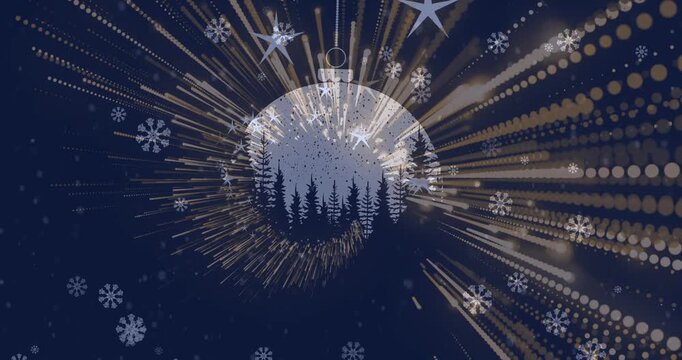Golden light trails and snowflakes falling over hanging bauble on blue background with copy space