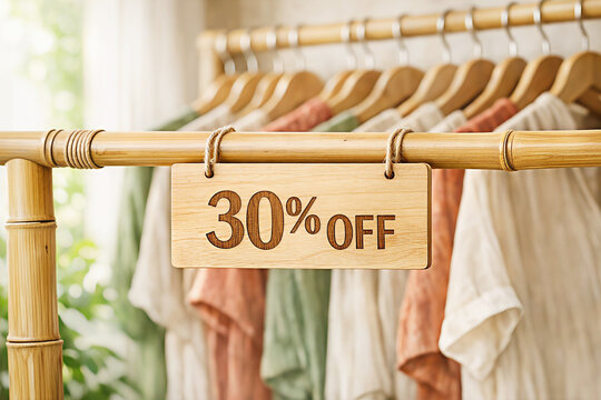  30% Off Wooden Sale Sign on Bamboo Clothing Rack &ndash; Eco-Friendly Retail