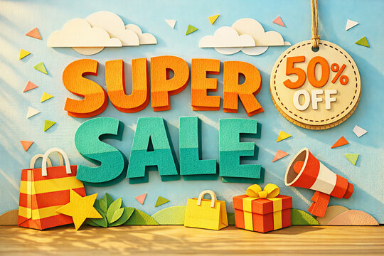 3D Paper-Cut Super Sale Banner with 50% Off &ndash; Colorful Retail Promotion