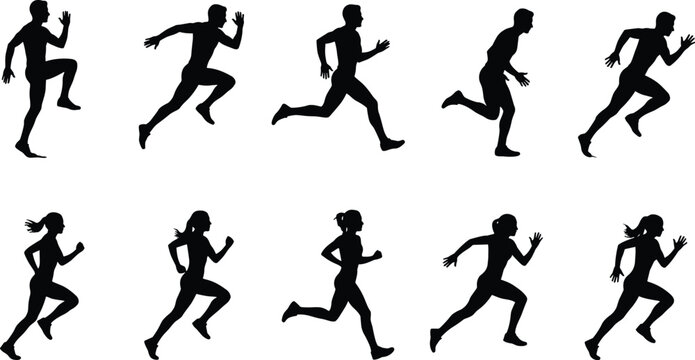 PrintSet of ten black vector silhouette running people male and female sprint animation cycle phases isolated on white background for sports graphic design