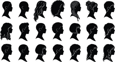 Set of twenty-one black vector silhouette side profile portraits featuring diverse male and female hairstyles isolated on white background for avatar graphic design © Sourav