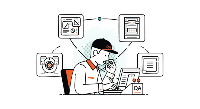 QA engineer working on laptop, surrounded by quality control icons. Business concept.