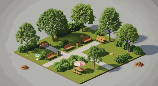Isometric Green Park with Trees, Benches, and Picnic Area Vector