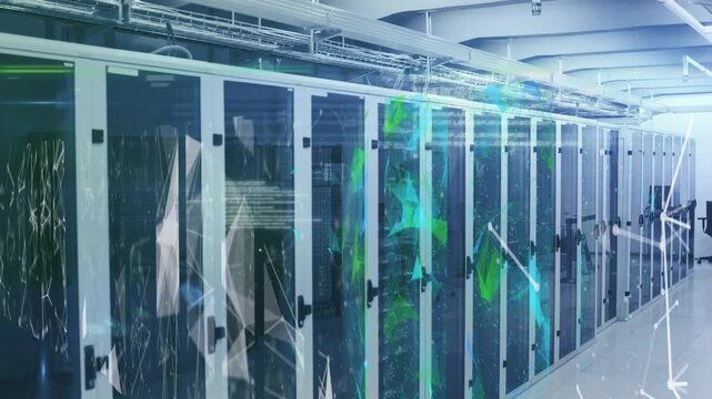 Animation of data processing and plexus networks over empty computer server room