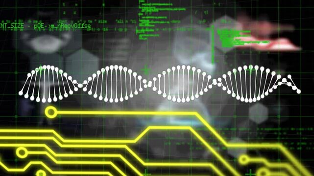 Animation of microprocessor connections and data processing against spinning dna structures