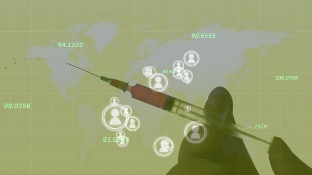 Animation of social media users over syringe and world map with numbers