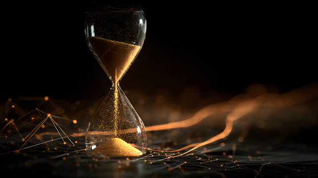 An abstract data graph represents time management while an hourglass with glowing sand measures time