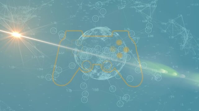 Animation of light spot moving over videogame controller icon and spinning globe