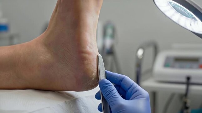 Eliminaci&oacute;n de piel xer&oacute;tica en tal&oacute;n agrietado con escofina profesional