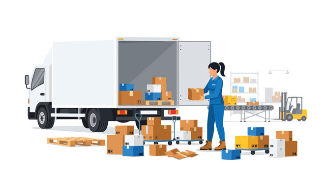 A female worker unloads various cardboard boxes from a white delivery truck in a busy warehouse setting.