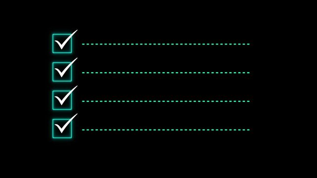 Green neon checklist with checked boxes animation on black background loopable motion for business presentations and digital marketing
