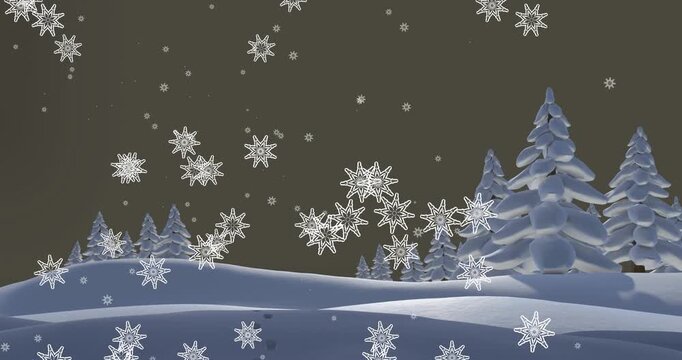 Animation of snowflakes falling over winter landscape against copy space on grey background