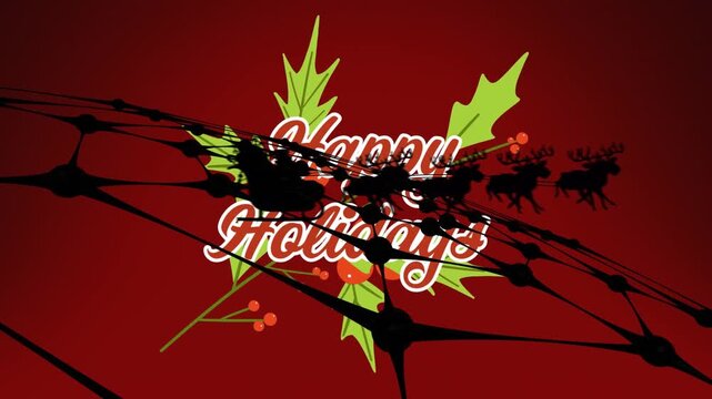 Animation of christmas greetings text and santa claus in sleigh with reindeer on red background