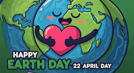Fototapeta premium Happy earth day cartoon illustration with a smiling planet hugging a pink heart with eco friendly