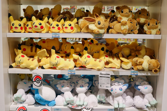 TOKYO, JAPAN - February 18, 2025: Various soft Pokemon toys in the Pokemon Center DX which is located in Nihonbashi Takashimaya Department Store.