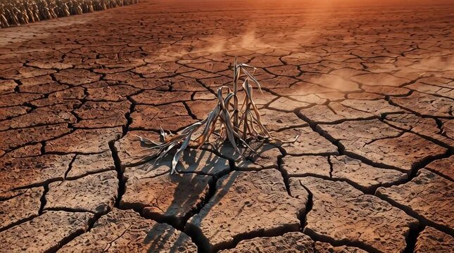Terreno agr&iacute;cola agrietado y planta de ma&iacute;z deshidratada en foco