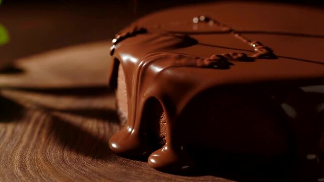 Chocolate cake with melting chocolate glaze.