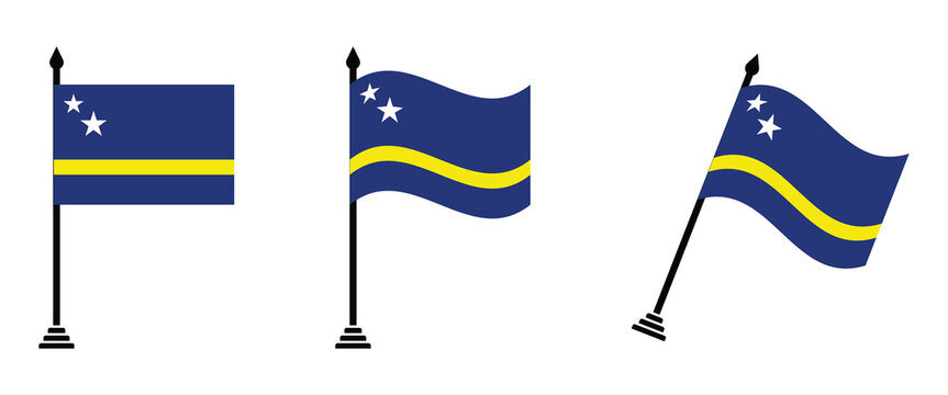 Cura&ccedil;ao Flag on Flagpole Set Flat and Waving National Symbols on Black Pole Vector Illustration.